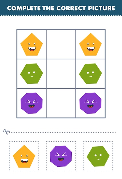 Juego educativo para niños para completar la imagen correcta de una linda hoja de trabajo imprimible con forma de pentágono, octágono y hexágono de dibujos animados