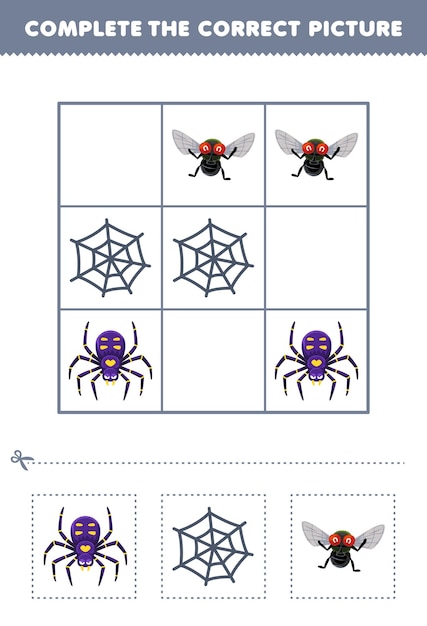 Juego educativo para niños completar la imagen correcta de una web de araña de dibujos animados lindo y volar hoja de trabajo de errores imprimibles