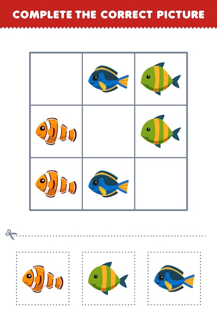 Juego educativo para niños: complete la imagen correcta de una hoja de trabajo submarina imprimible con un lindo pez de dibujos animados