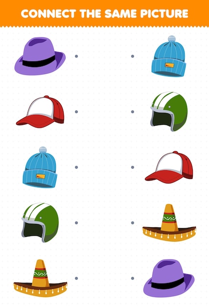 Juego educativo para niños conecta la misma imagen de dibujos animados accesorios portátiles fedora hat cap beanie helm sombrero hoja de trabajo imprimible
