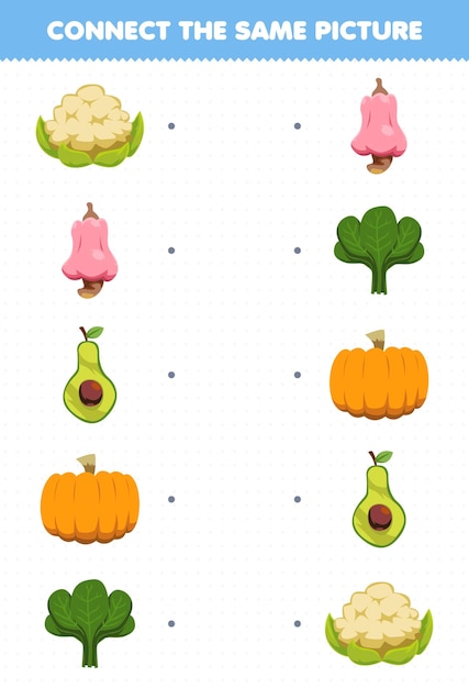 Juego educativo para niños conecta la misma imagen de dibujos animados de frutas y verduras coliflor anacardo aguacate calabaza espinaca hoja de trabajo imprimible