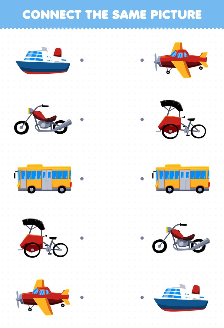 Vector el juego educativo para niños conecta la misma imagen de dibujos animados transporte transatlántico motocicleta autobús triciclo avión hoja de trabajo imprimible
