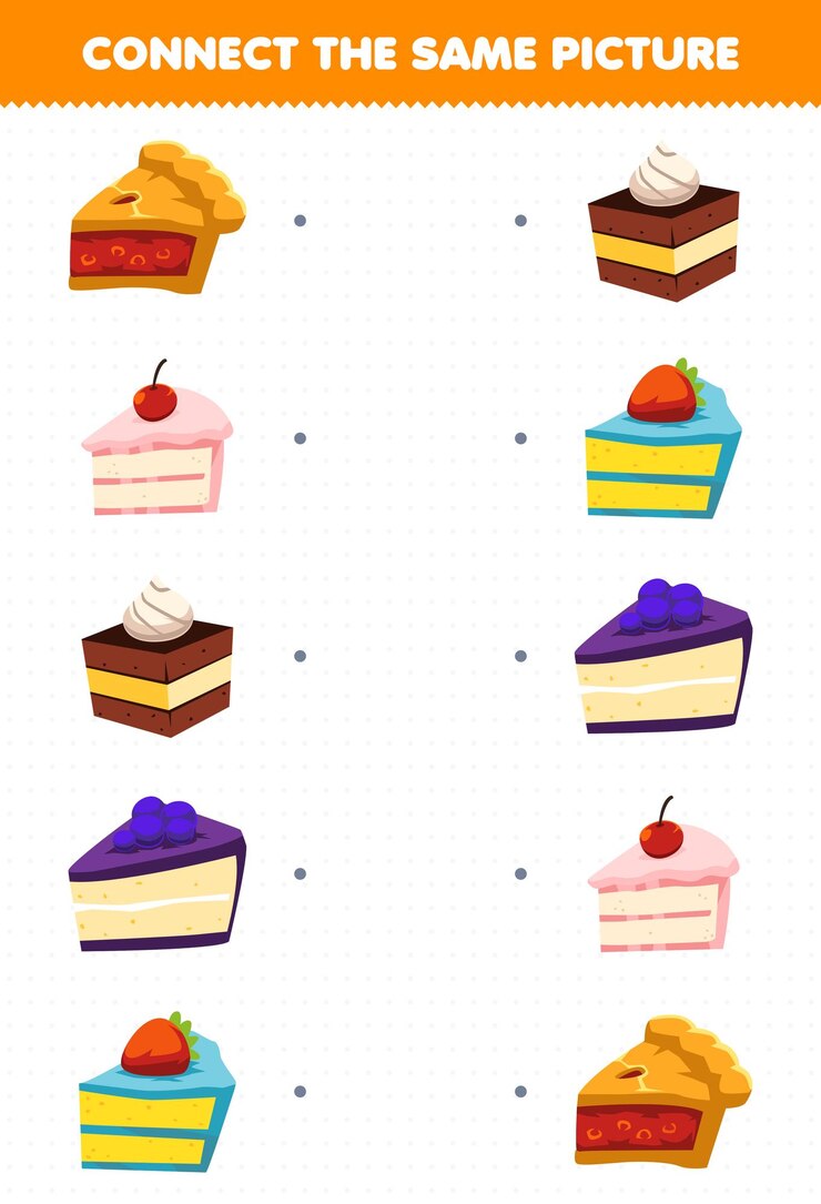 Vector el juego educativo para niños conecta la misma imagen de la hoja de trabajo imprimible de pastel de comida de dibujos animados