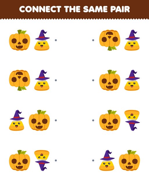 El juego educativo para niños conecta la misma imagen de una linda caricatura de calabaza y un par de dulces de maíz hoja de trabajo imprimible de halloween