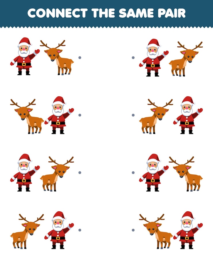 Vector el juego educativo para niños conecta la misma imagen de la linda caricatura de papá noel y la hoja de trabajo de invierno imprimible del par de ciervos