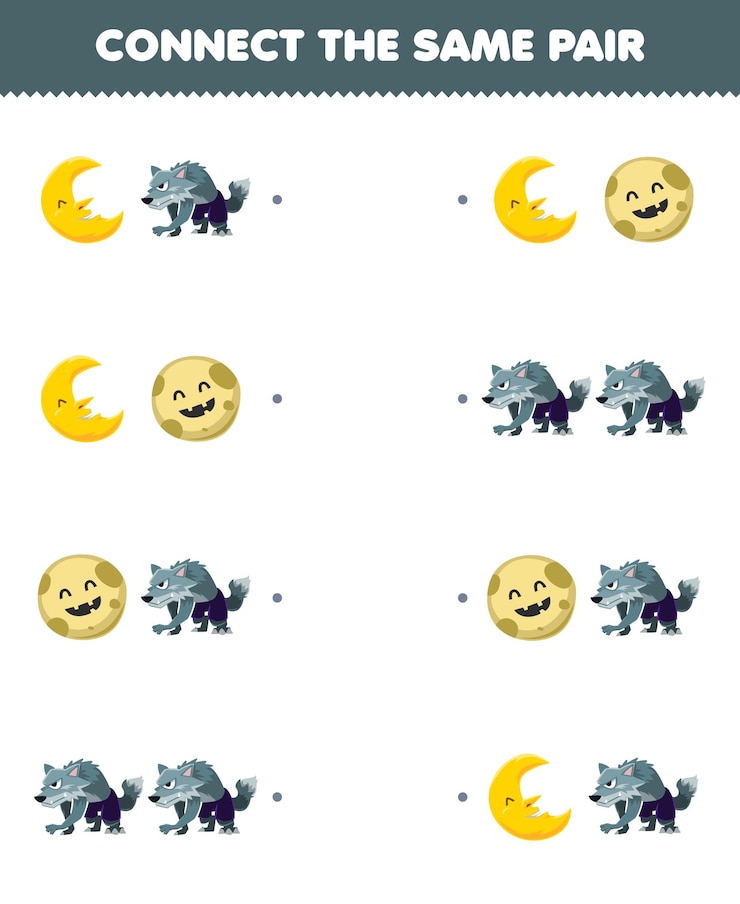 Vector el juego educativo para niños conecta la misma imagen de la linda luna de dibujos animados y la hoja de trabajo imprimible de halloween de la pareja de hombres lobo