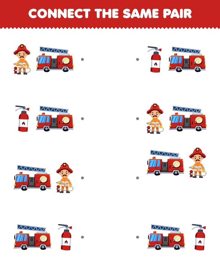 Vector el juego educativo para niños conecta la misma imagen de un lindo camión de bomberos de dibujos animados y un par de extintores hoja de trabajo de profesión imprimible