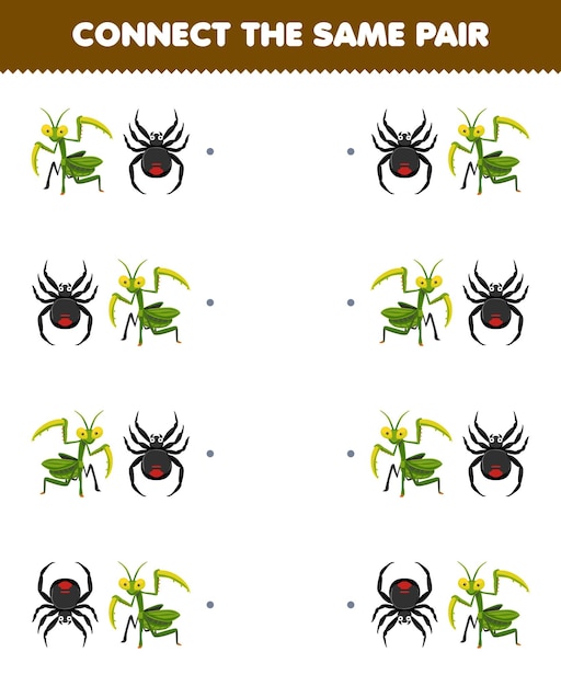 El juego educativo para niños conecta la misma imagen de la mantis de dibujos animados y la hoja de trabajo imprimible del insecto del par de arañas