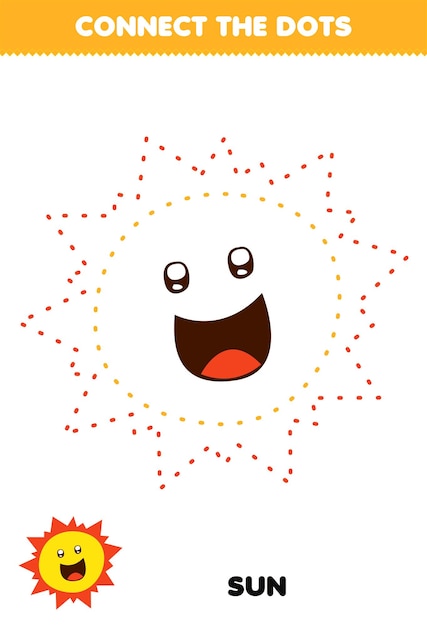 El juego educativo para niños conecta la práctica de escritura a mano de puntos con el lindo sol del sistema solar de dibujos animados