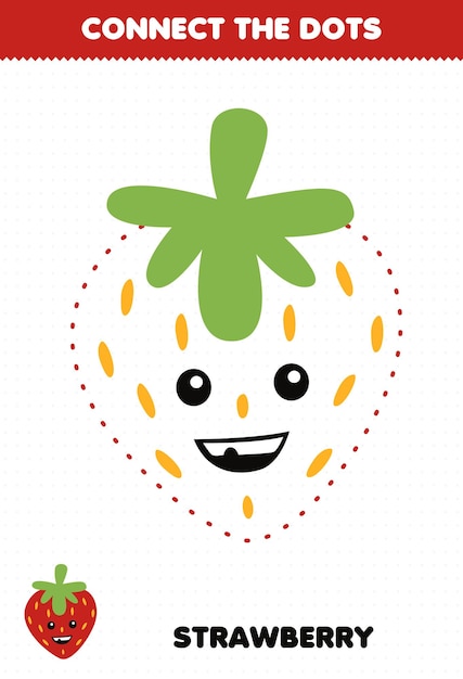 El juego educativo para niños conecta la práctica de escritura a mano de puntos con un personaje de fresa de fruta de dibujos animados lindo