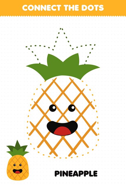 El juego educativo para niños conecta la práctica de escritura a mano de puntos con un personaje de piña de fruta de dibujos animados lindo