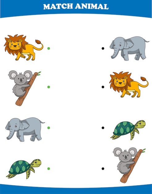 Juego educativo para niños conectar la misma imagen de dibujos animados león koala elefante tortuga