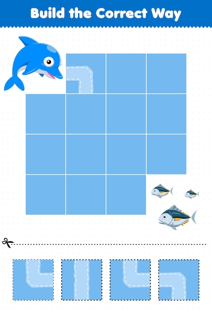 El juego educativo para niños construye la forma correcta de ayudar a los lindos delfines de dibujos animados a pasar a la hoja de trabajo subacuática imprimible de atún