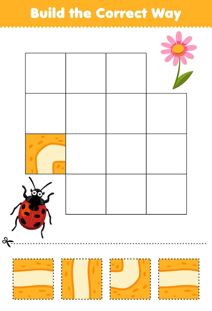 El juego educativo para niños construye la manera correcta ayuda a la linda mariquita de dibujos animados a moverse a la hoja de trabajo imprimible de insectos de flores