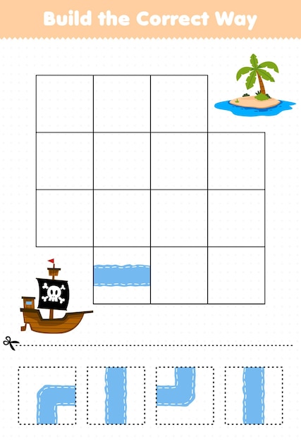 El juego educativo para niños construye la manera correcta ayuda a que el lindo barco de dibujos animados se mueva a la hoja de trabajo pirata imprimible de la isla