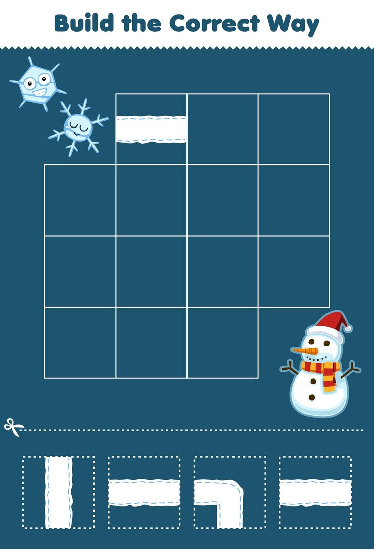 Vector el juego educativo para niños construye la manera correcta ayuda a que el lindo copo de nieve de dibujos animados se mueva a la hoja de trabajo de invierno imprimible del muñeco de nieve