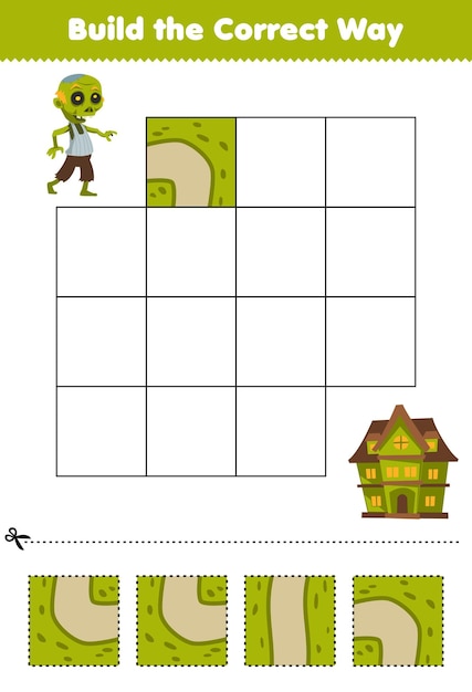 El juego educativo para niños construye la manera correcta, ayuda a que el lindo disfraz de zombi de dibujos animados se mueva a la hoja de trabajo imprimible de halloween de la casa espeluznante verde