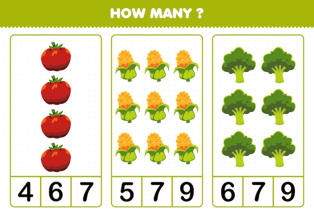 Juego educativo para niños contando cuántas verduras de dibujos animados tomate maíz brócoli