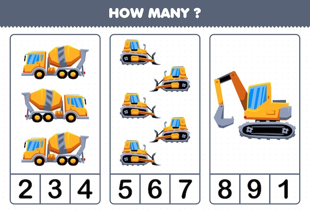 Juego educativo para niños contando cuántos dibujos animados máquina pesada transporte concentrado mezclador camión bulldozer excavadora