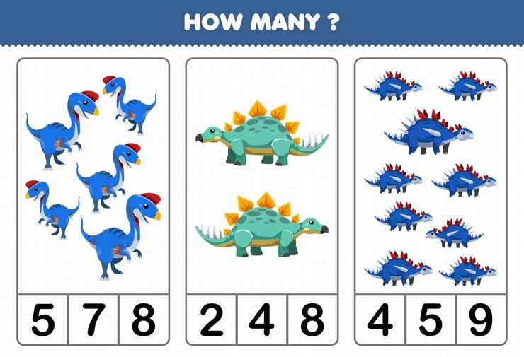 Vector juego educativo para niños contando cuántos dinosaurios azules prehistóricos de dibujos animados lindos