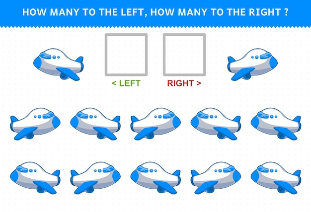 Juego educativo para niños de contar la imagen izquierda y derecha con un lindo avión de dibujos animados