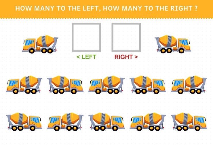 Vector juego educativo para niños de contar la imagen izquierda y derecha con un lindo camión mezclador de concentrado de dibujos animados