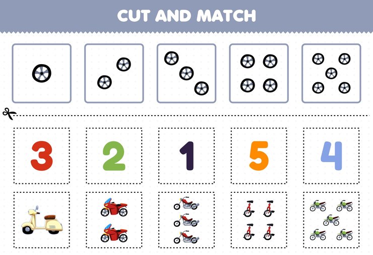 Vector juego educativo para niños: corta y combina el mismo número de lindos dibujos animados, bicicleta, transporte, scooter, motocicleta, motocicleta, monociclo, motocross, hoja de trabajo imprimible.