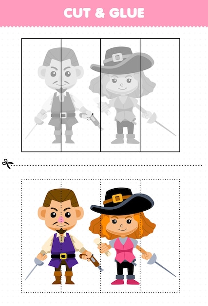 Juego educativo para niños cortado y pegado con una linda pareja de dibujos animados hoja de trabajo pirata imprimible