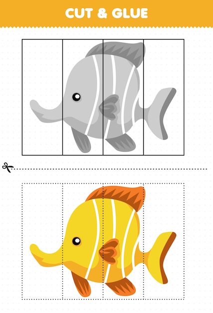 Juego educativo para niños cortado y pegado con un lindo animal de dibujos animados pez amarillo