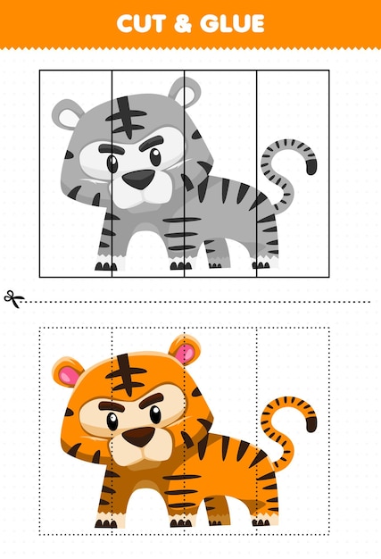 Juego educativo para niños cortado y pegado con lindo tigre animal de dibujos animados