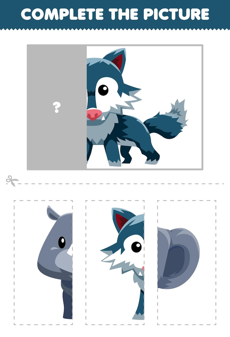 Vector juego educativo para niños cortar y completar la imagen correcta de dibujos animados ludo hoja de trabajo de animales imprimibles