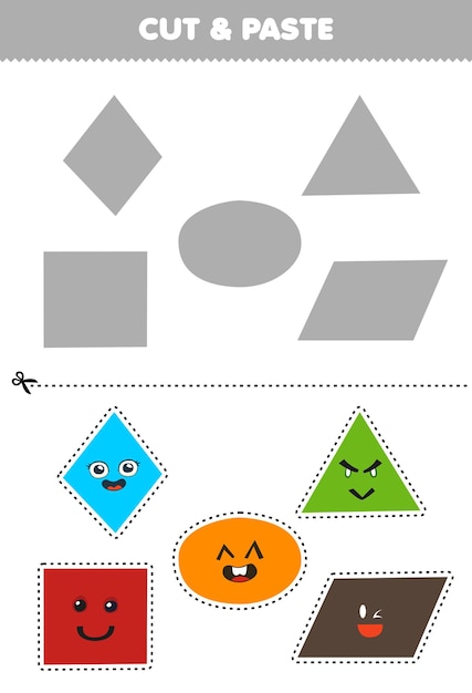 Juego educativo para niños cortar y pegar lindas formas geométricas de dibujos animados rombo oval triángulo cuadrado paralelogramo a la parte correcta hoja de trabajo imprimible