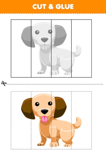 Juego educativo para niños cortar y pegar con lindo cachorro de dibujos animados hoja de trabajo de mascotas imprimible