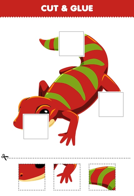 Vector juego educativo para niños cortar y pegar una parte de una linda imagen de geco rojo hoja de trabajo de mascotas