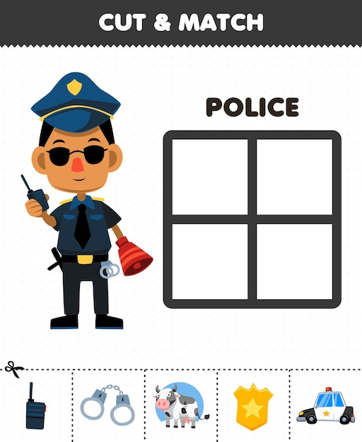 Juego educativo para niños: corte y combine las cosas correctas para la hoja de trabajo imprimible de la profesión policial de dibujos animados lindos