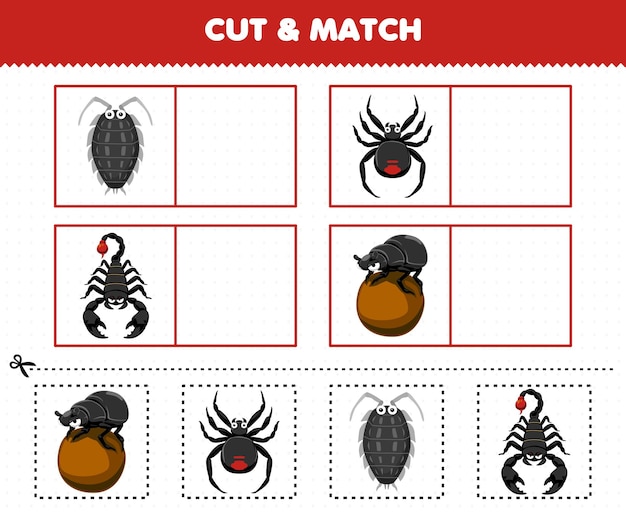 Vector juego educativo para niños: corte y combine la misma imagen de la hoja de trabajo imprimible del insecto escarabajo araña piojo de dibujos animados lindo