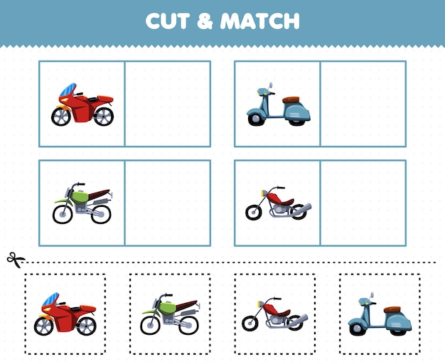 Juego educativo para niños: corte y combine la misma imagen de una linda caricatura de transporte motorizado motocross moto scooter motocicleta hoja de trabajo imprimible