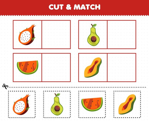 Juego educativo para niños: corte y combine la misma imagen de una rebanada de dibujos animados de la hoja de trabajo imprimible de papaya, aguacate, fruta del dragón y papaya