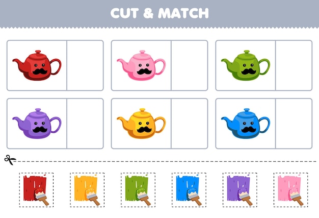 Juego educativo para niños, corte y combine el mismo color de la hoja de trabajo de la herramienta imprimible de la imagen de la tetera de dibujos animados lindo