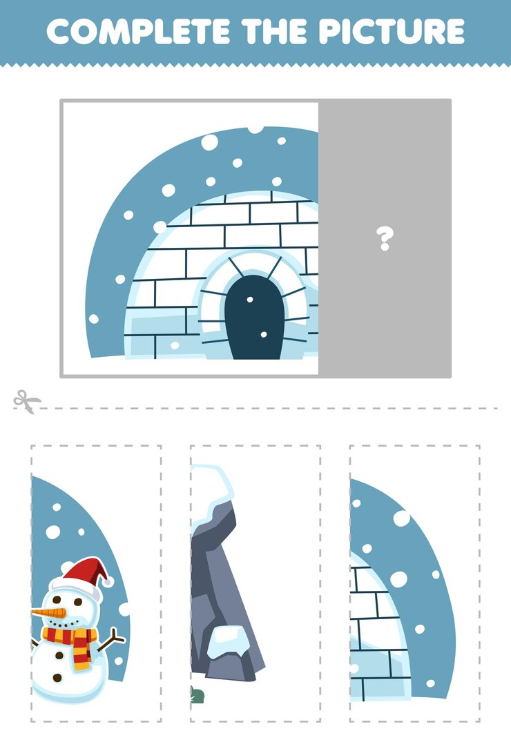 Vector juego educativo para niños: corte y complete la imagen correcta de la hoja de trabajo de invierno imprimible del iglú de dibujos animados lindo