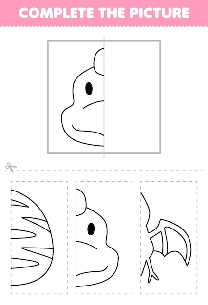 Juego educativo para niños: corte y complete la imagen de la mitad del contorno de la cabeza de brontosaurio de dibujos animados lindo para colorear la hoja de trabajo de dinosaurio prehistórico imprimible