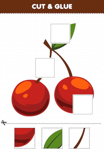 Juego educativo para niños: corte y pegue partes cortadas de cerezas de frutas de dibujos animados y péguelas en la hoja de trabajo imprimible