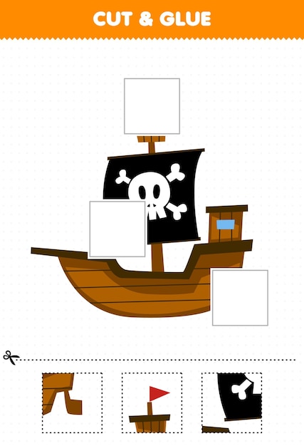 Juego educativo para niños: corte y pegue partes cortadas de un lindo barco de dibujos animados y péguelas en la hoja de trabajo pirata imprimible