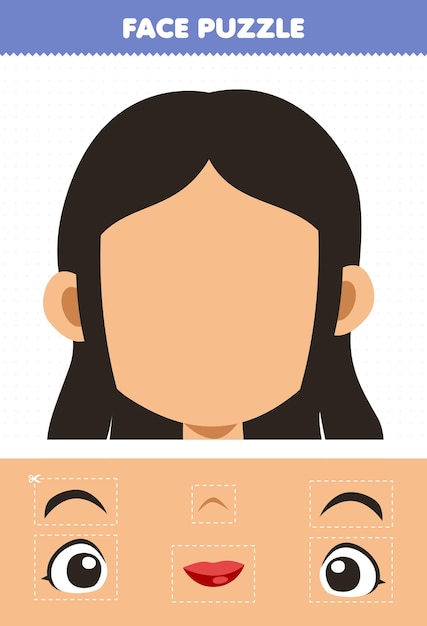 Juego educativo para niños, corte de rompecabezas de cara y partes cortadas  con pegamento del personaje de niña de dibujos animados lindo | Vector  Premium