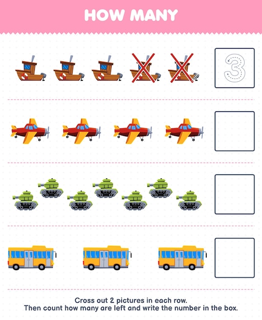 El juego educativo para niños cuenta cuántos autobuses de tanques de aviones de barcos de dibujos animados lindos y escribe el número en la hoja de trabajo de transporte imprimible del cuadro