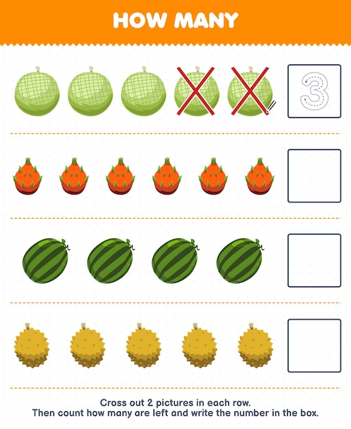 El juego educativo para niños cuenta cuántos dibujos animados melón dragón fruta sandía durian y escribe el número en el cuadro hoja de trabajo de fruta imprimible