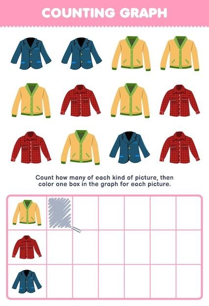 El juego educativo para niños cuenta cuántos lindos dibujos animados blazer cardigan y franela luego colorean el cuadro en la hoja de trabajo de ropa portátil imprimible del gráfico
