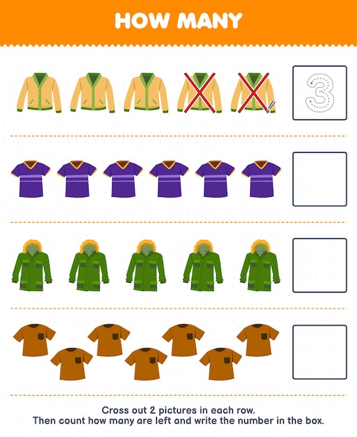 El juego educativo para niños cuenta cuántos lindos dibujos animados cardigan jersey parka jacket camiseta y escribe el número en el cuadro imprimible hoja de trabajo de ropa usable