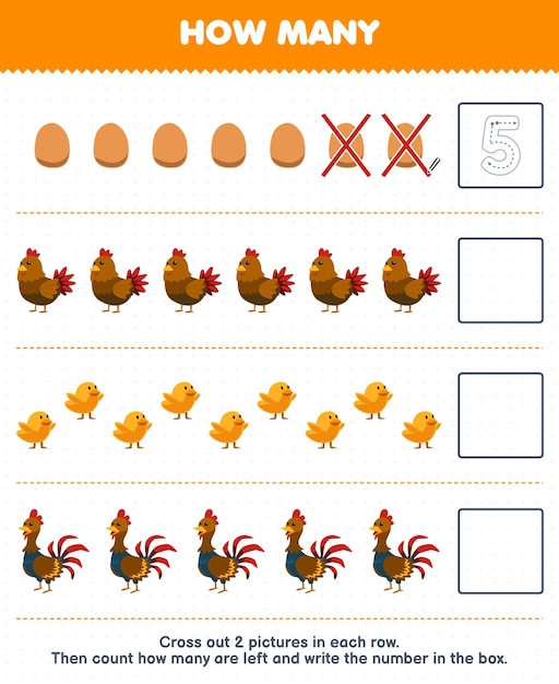 El juego educativo para niños cuenta cuántos lindos dibujos animados huevo gallina pollo gallo pollo y escribe el número en el cuadro hoja de trabajo de granja imprimible