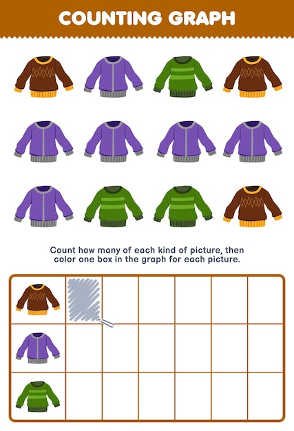 El juego educativo para niños cuenta cuántos lindos suéteres de dibujos animados luego colorean el cuadro en la hoja de trabajo de ropa portátil imprimible del gráfico